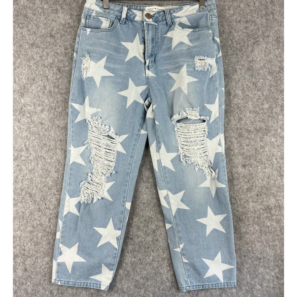 Toast Jeans Womens Large Star Print Distressed Cropped Light Wash Boho Festival